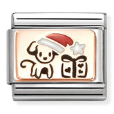 Nomination Composable Classic Link 430204/07 Puppy with Santa Hat & Gift in 9K Rose Gold & Enamel